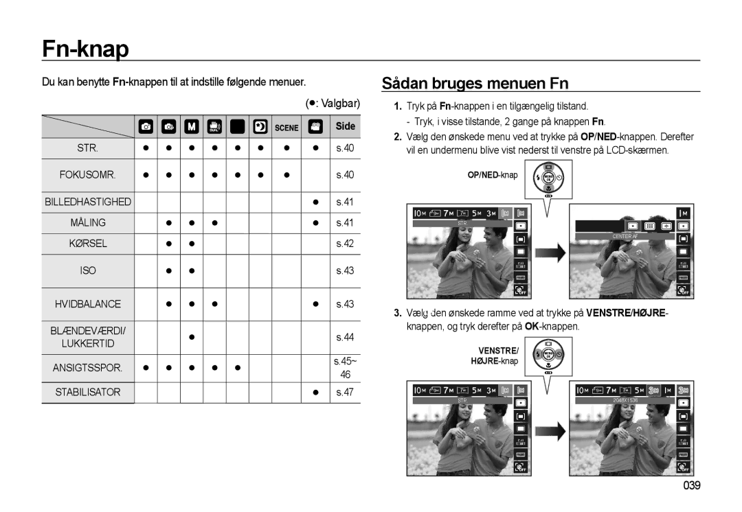 Samsung EC-WB500BBA/E2 Sådan bruges menuen Fn, Du kan benytte Fn-knappen til at indstille følgende menuer, Valgbar 