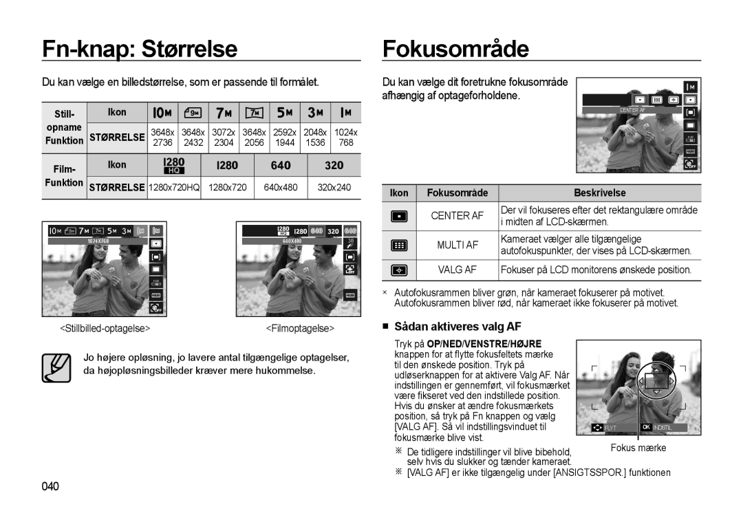 Samsung EC-WB500ABP/E2, EC-WB500BBP/E2, EC-WB500BBA/E2 manual Fn-knap Størrelse, 040, Ikon Funktion Størrelse 1280x720HQ 