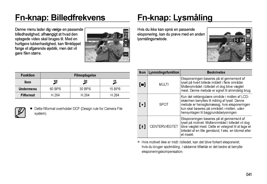 Samsung EC-WB500BBP/E2, EC-WB500BBA/E2 Fn-knap Billedfrekvens, Hvis du ikke kan opnå en passende, Lysmålingsmetode, 041 