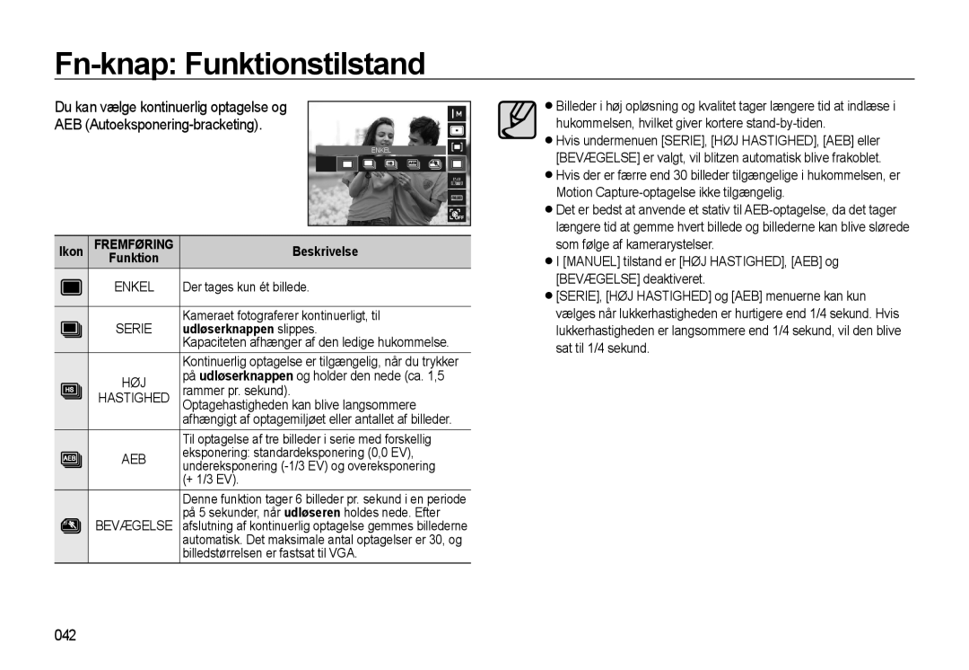 Samsung EC-WB500BBA/E2 Fn-knap Funktionstilstand, 042, Du kan vælge kontinuerlig optagelse og, Udløserknappen slippes 