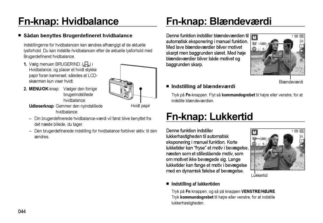 Samsung EC-WB500BBP/E2 manual Fn-knap Hvidbalance Fn-knap Blændeværdi, Fn-knap Lukkertid, Indstilling af blændeværdi 