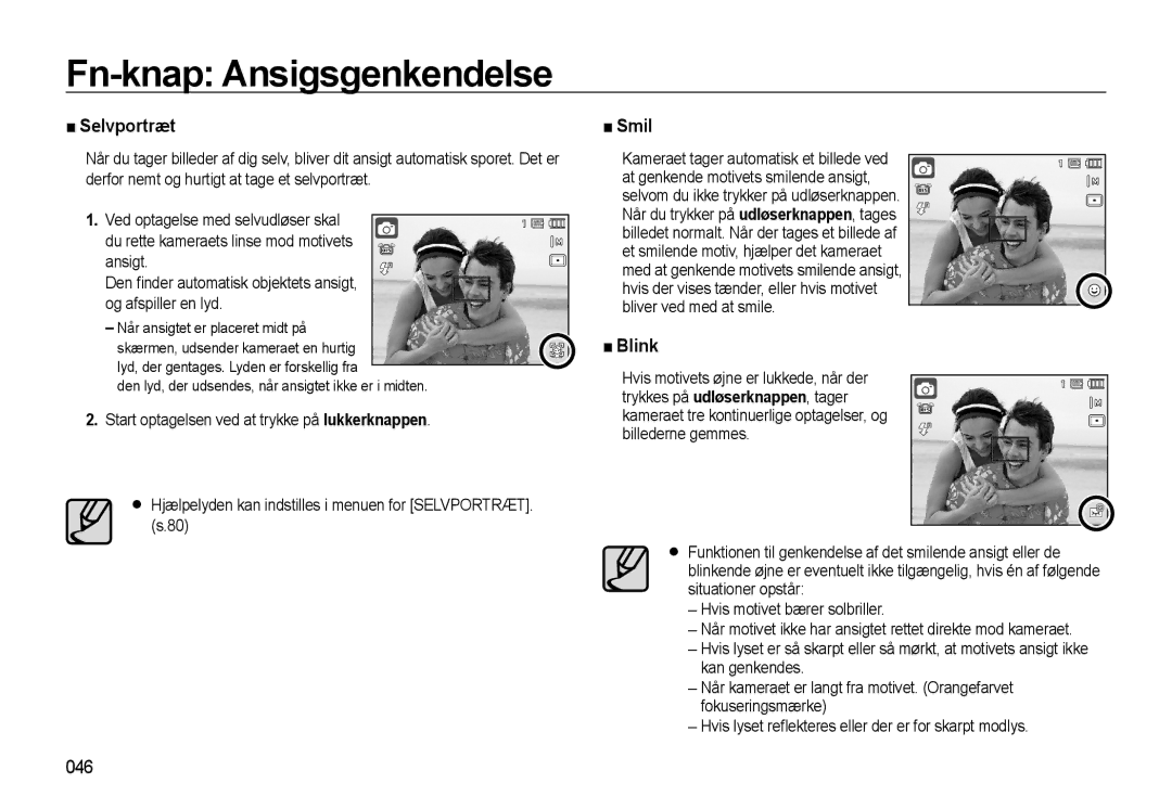 Samsung EC-WB500ABP/E2, EC-WB500BBP/E2, EC-WB500BBA/E2 manual Selvportræt, Smil, Blink, 046 