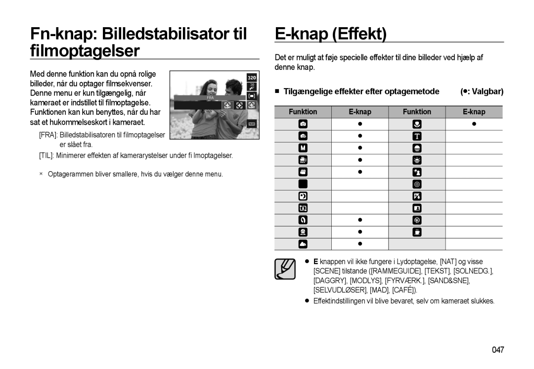 Samsung EC-WB500BBP/E2, EC-WB500BBA/E2 manual Fn-knap Billedstabilisator til ﬁlmoptagelser, Knap Effekt, 047, Funktion Knap 