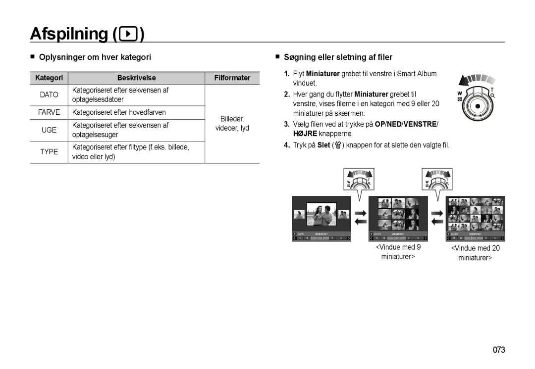 Samsung EC-WB500ABP/E2 Oplysninger om hver kategori, Søgning eller sletning af ﬁler, 073, Kategori Beskrivelse Filformater 