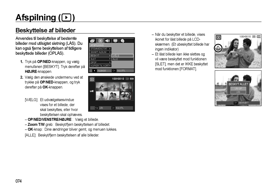 Samsung EC-WB500BBP/E2, EC-WB500BBA/E2, EC-WB500ABP/E2 manual Beskyttelse af billeder, Beskyttede billeder Oplås, 074 