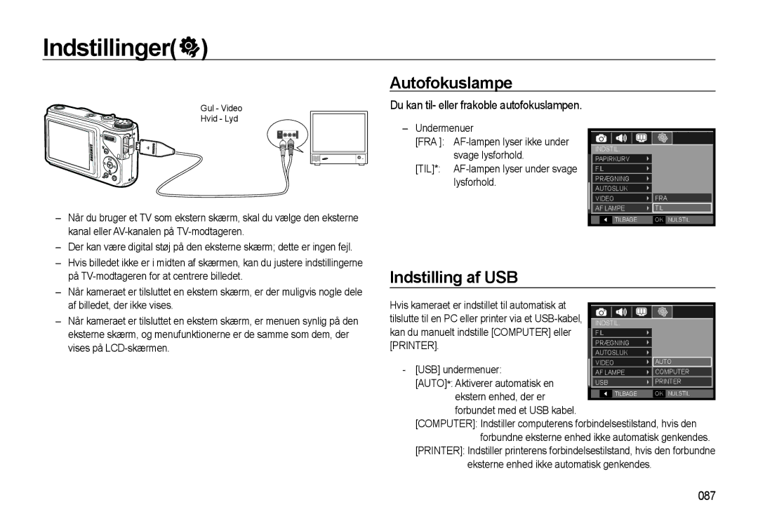 Samsung EC-WB500BBA/E2, EC-WB500BBP/E2 Autofokuslampe, Indstilling af USB, Du kan til- eller frakoble autofokuslampen, 087 