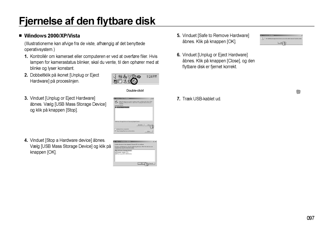 Samsung EC-WB500ABP/E2, EC-WB500BBP/E2, EC-WB500BBA/E2 manual Fjernelse af den ﬂytbare disk, Windows 2000/XP/Vista, 097 