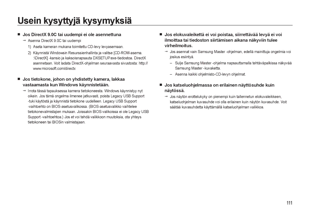 Samsung EC-WB500BBA/E2, EC-WB500BBP/E2, EC-WB500ABP/E2 manual Jos DirectX 9.0C tai uudempi ei ole asennettuna 