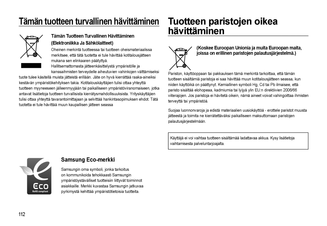 Samsung EC-WB500ABP/E2, EC-WB500BBP/E2 manual Tuotteen paristojen oikea hävittäminen, Mukana sen elinkaaren päätyttyä 