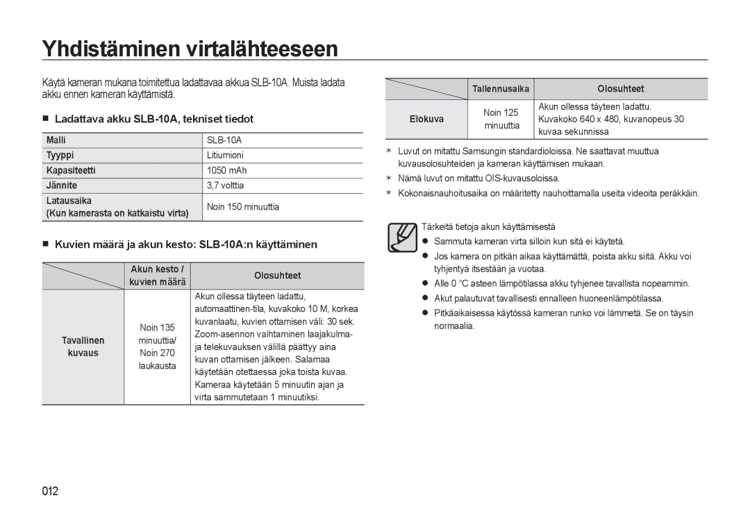 Samsung EC-WB500BBA/E2, EC-WB500BBP/E2 manual Yhdistäminen virtalähteeseen, Ladattava akku SLB-10A, tekniset tiedot 