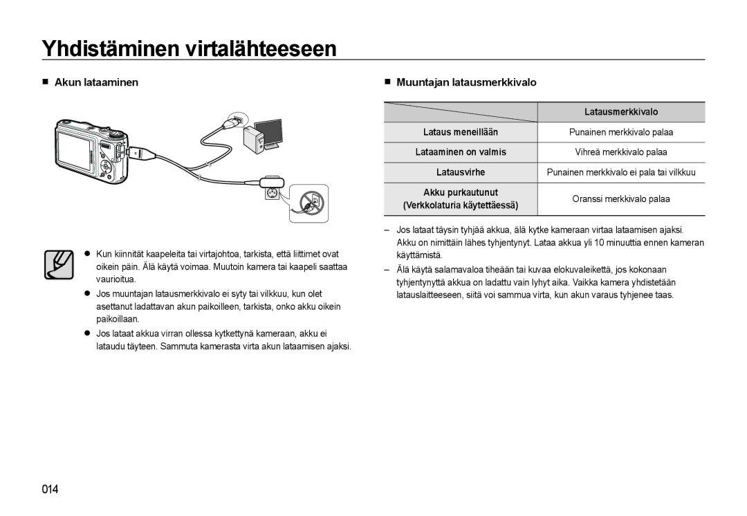 Samsung EC-WB500BBP/E2, EC-WB500BBA/E2, EC-WB500ABP/E2 manual Akun lataaminen, Muuntajan latausmerkkivalo, Latausmerkkivalo 