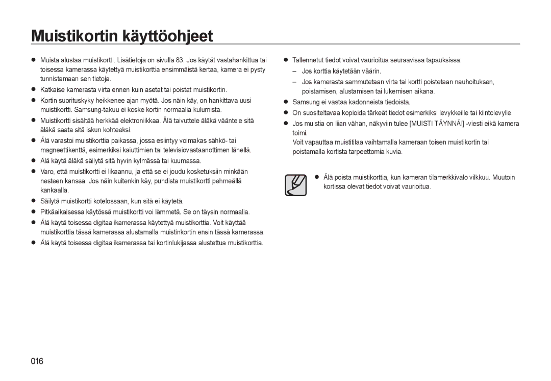 Samsung EC-WB500ABP/E2, EC-WB500BBP/E2, EC-WB500BBA/E2 Muistikortin käyttöohjeet, Samsung ei vastaa kadonneista tiedoista 