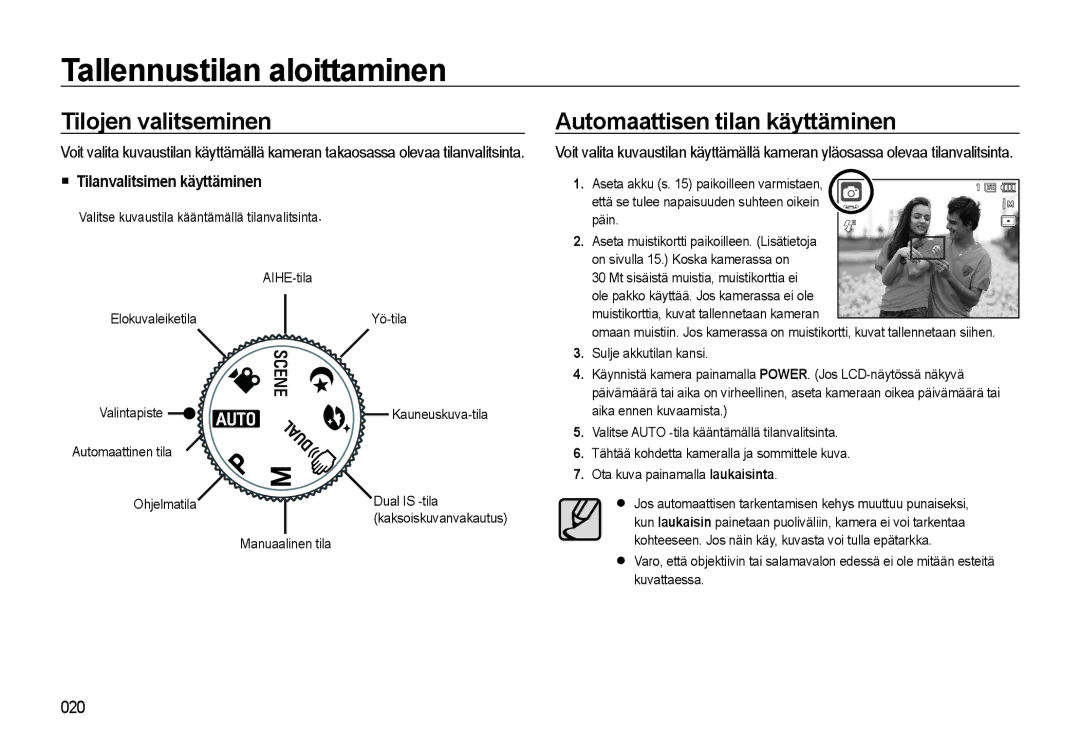 Samsung EC-WB500BBP/E2, EC-WB500BBA/E2 Tallennustilan aloittaminen, Tilojen valitseminen, Automaattisen tilan käyttäminen 