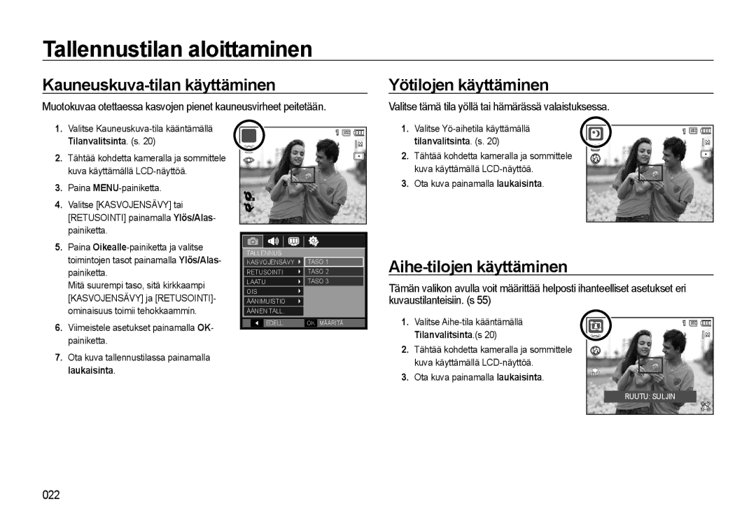 Samsung EC-WB500ABP/E2, EC-WB500BBP/E2 manual Kauneuskuva-tilan käyttäminen, Yötilojen käyttäminen, Aihe-tilojen käyttäminen 