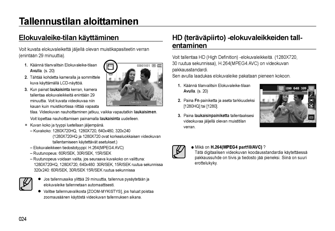 Samsung EC-WB500BBA/E2, EC-WB500BBP/E2 Elokuvaleike-tilan käyttäminen, HD teräväpiirto -elokuvaleikkeiden tall- entaminen 