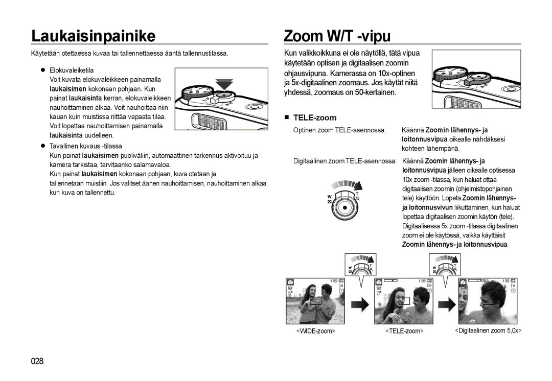 Samsung EC-WB500ABP/E2, EC-WB500BBP/E2, EC-WB500BBA/E2 manual Laukaisinpainike, Zoom W/T -vipu, TELE-zoom 