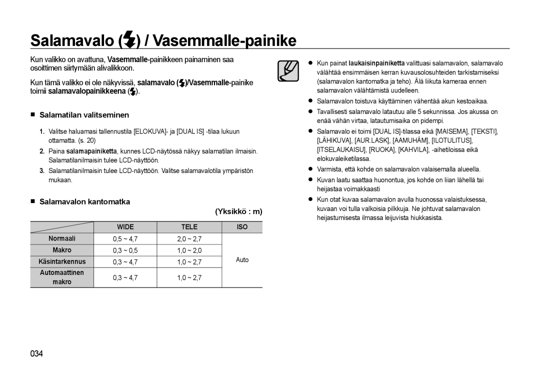 Samsung EC-WB500ABP/E2 manual Salamavalo / Vasemmalle-painike, Salamatilan valitseminen, Salamavalon kantomatka, Yksikkö m 