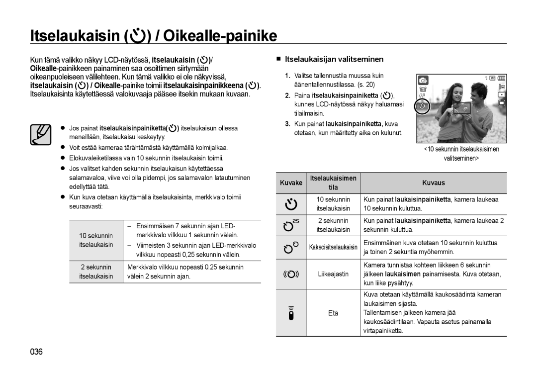 Samsung EC-WB500BBA/E2, EC-WB500BBP/E2 manual Itselaukaisin / Oikealle-painike, Itselaukaisijan valitseminen, Kuvake 