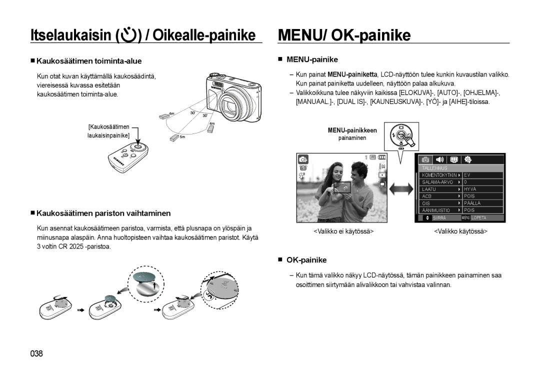 Samsung EC-WB500BBP/E2 MENU/ OK-painike, Kaukosäätimen toiminta-alue, Kaukosäätimen pariston vaihtaminen, MENU-painike 