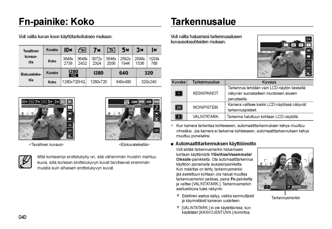 Samsung EC-WB500ABP/E2, EC-WB500BBP/E2 Fn-painike Koko Tarkennusalue, Voit valita kuvan koon käyttötarkoituksen mukaan 