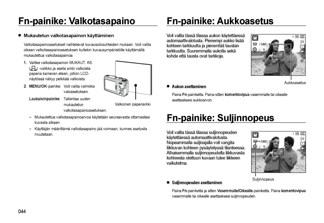 Samsung EC-WB500BBP/E2 manual Fn-painike Valkotasapaino Fn-painike Aukkoasetus, Fn-painike Suljinnopeus, Aukon asettaminen 