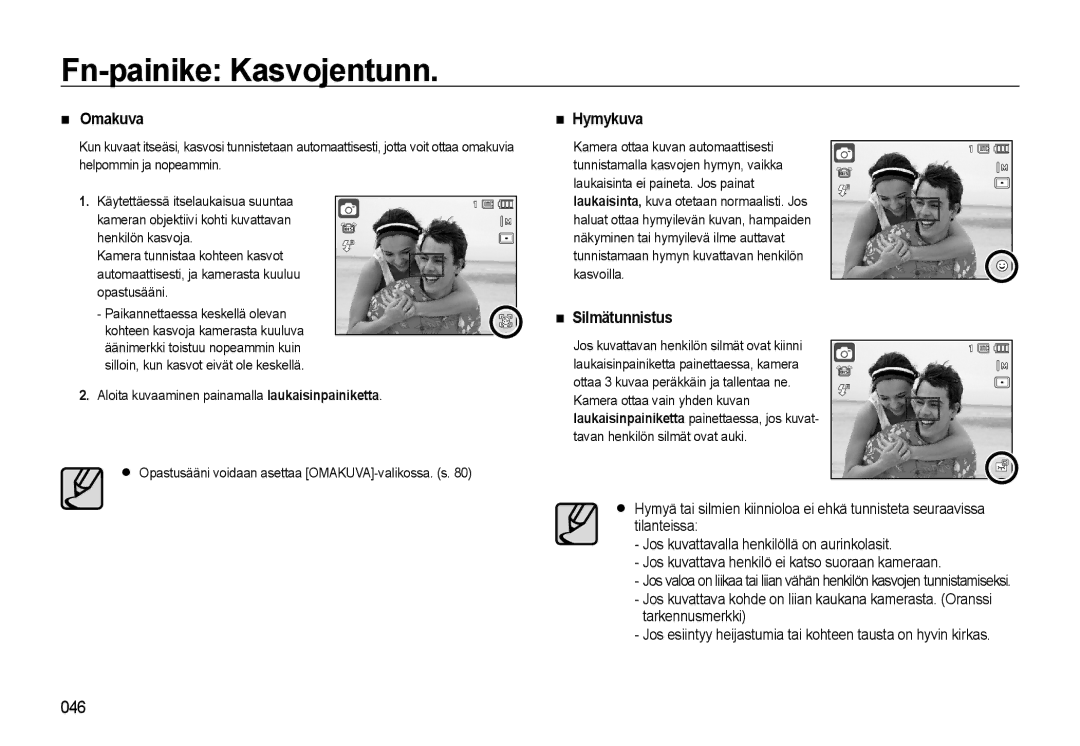 Samsung EC-WB500ABP/E2, EC-WB500BBP/E2, EC-WB500BBA/E2 manual Omakuva, Hymykuva, Silmätunnistus 