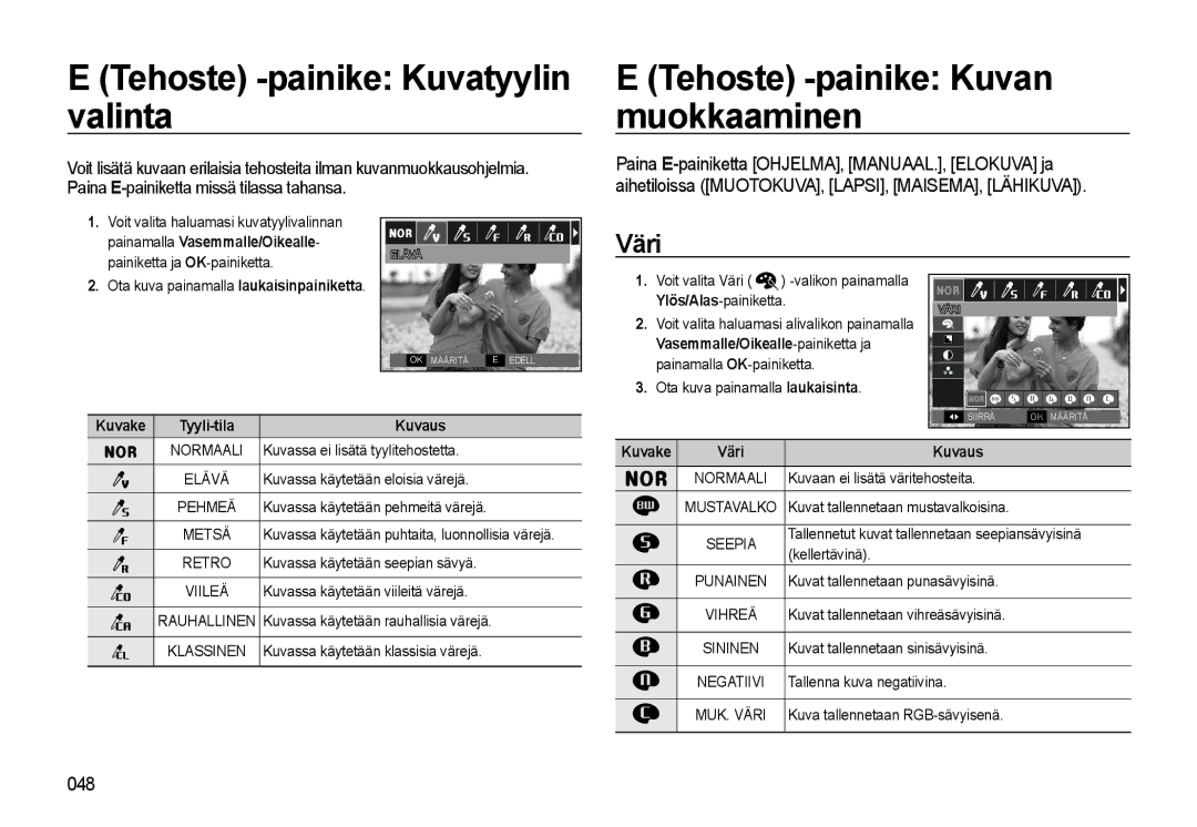 Samsung EC-WB500BBA/E2, EC-WB500BBP/E2 manual Tehoste -painike Kuvatyylin valinta, Tehoste -painike Kuvan muokkaaminen, Väri 