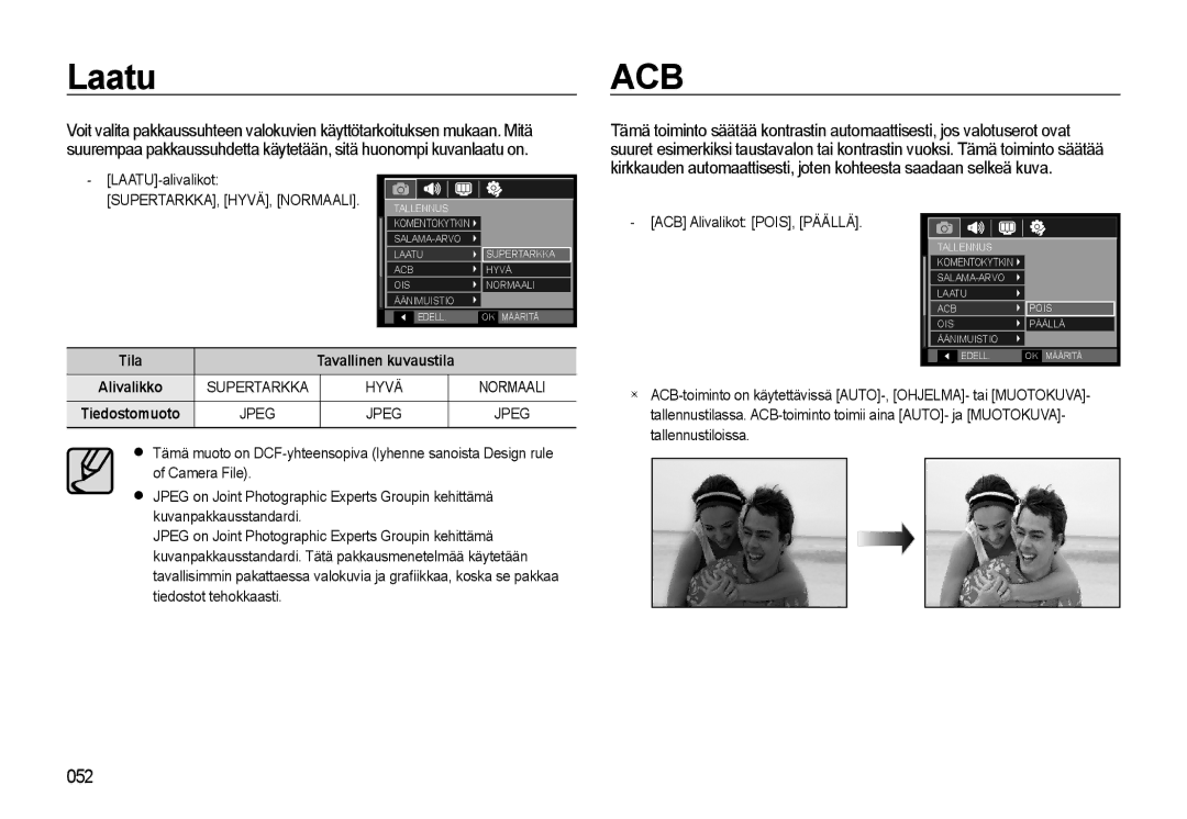 Samsung EC-WB500ABP/E2, EC-WB500BBP/E2, EC-WB500BBA/E2 manual Laatu, ACB Alivalikot POIS, Päällä 