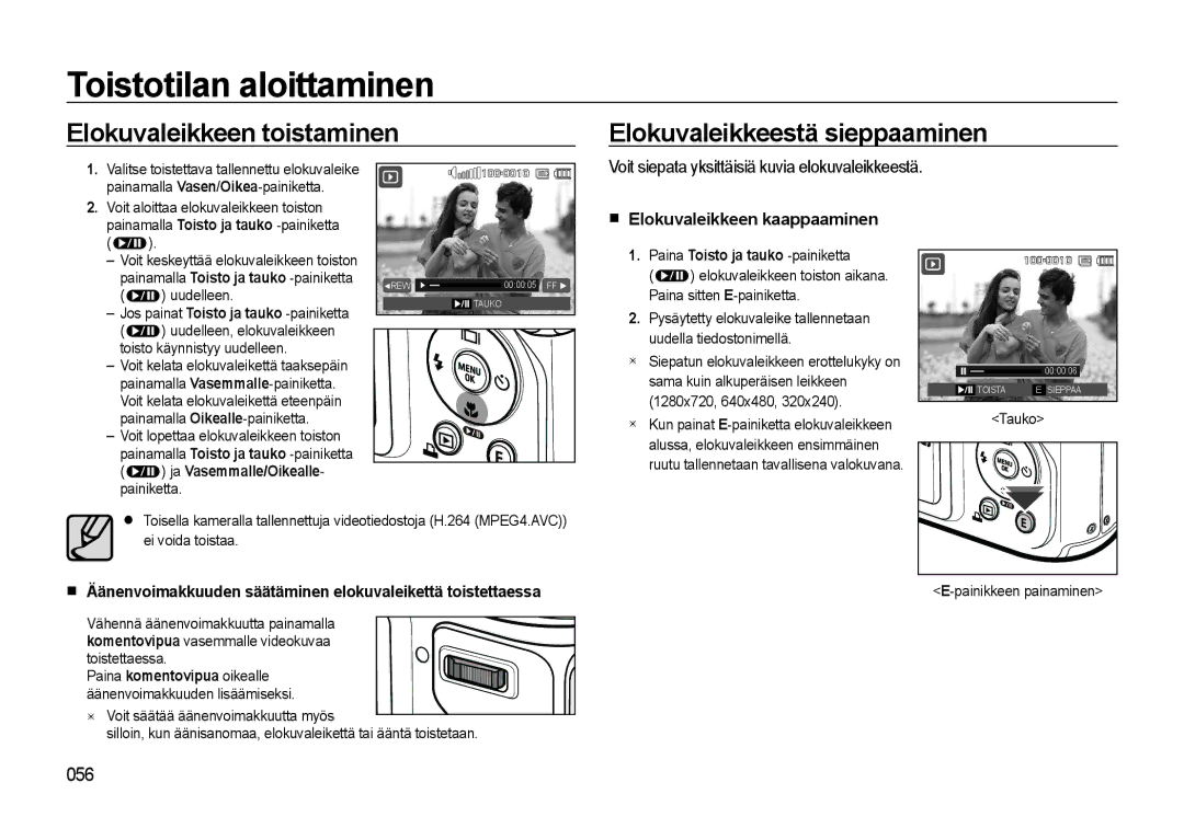 Samsung EC-WB500BBP/E2 manual Elokuvaleikkeen toistaminen Elokuvaleikkeestä sieppaaminen, Elokuvaleikkeen kaappaaminen 