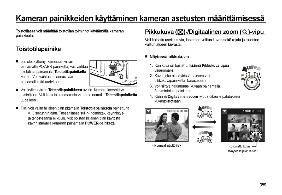 Samsung EC-WB500BBP/E2, EC-WB500BBA/E2 manual Toistotilapainike, Pikkukuva -/Digitaalinen zoom -vipu, Näytössä pikkukuvia 