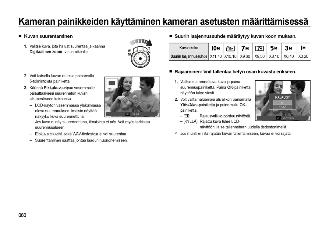 Samsung EC-WB500BBA/E2, EC-WB500BBP/E2 Kuvan suurentaminen, Suurin laajennussuhde määräytyy kuvan koon mukaan, Kuvan koko 