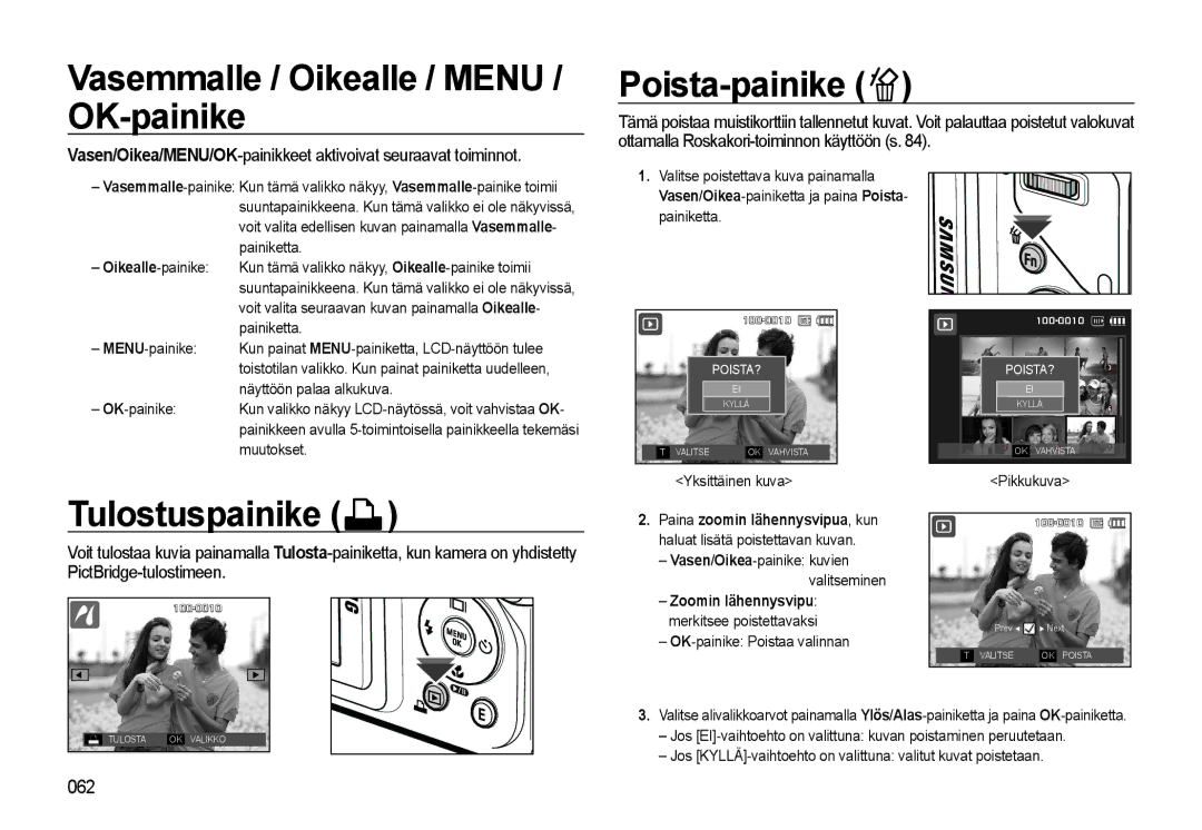 Samsung EC-WB500BBP/E2, EC-WB500BBA/E2 manual Vasemmalle / Oikealle / Menu / OK-painike, Poista-painike, Tulostuspainike 