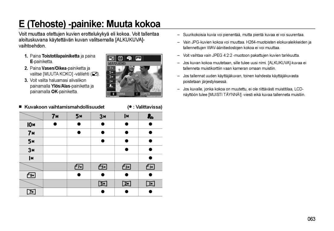 Samsung EC-WB500BBA/E2, EC-WB500BBP/E2 manual Tehoste -painike Muuta kokoa, Kuvakoon vaihtamismahdollisuudet, Valittavissa 