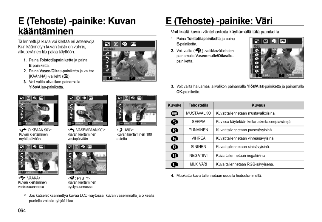 Samsung EC-WB500ABP/E2 manual Tehoste -painike Kuvan kääntäminen Tehoste -painike Väri, Paina Toistotilapainiketta ja paina 