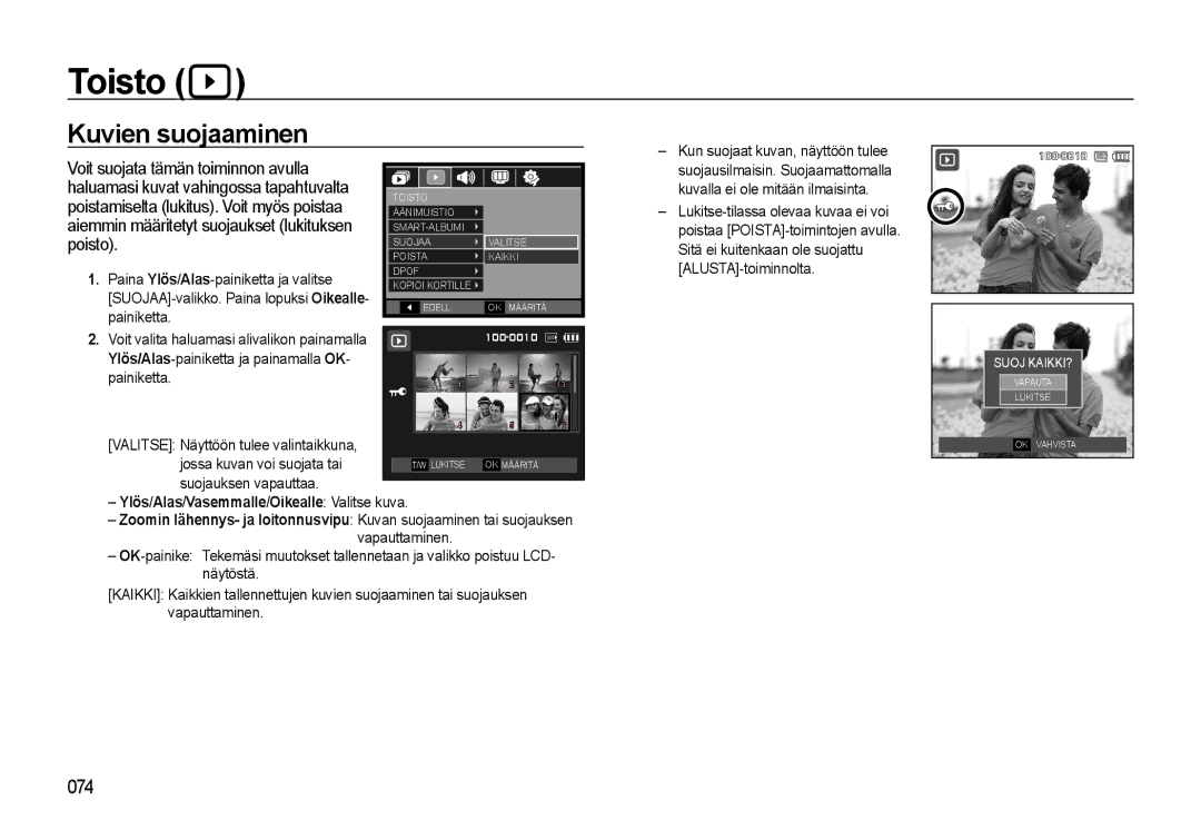 Samsung EC-WB500BBP/E2, EC-WB500BBA/E2 manual Kuvien suojaaminen, Sitä ei kuitenkaan ole suojattu, ALUSTA-toiminnolta 