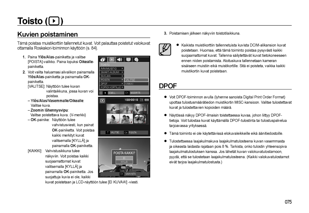 Samsung EC-WB500BBA/E2 Kuvien poistaminen, Zoomin lähennysvipu, Kuvat poistetaan ja LCD-näyttöön tulee EI KUVAA! -viesti 