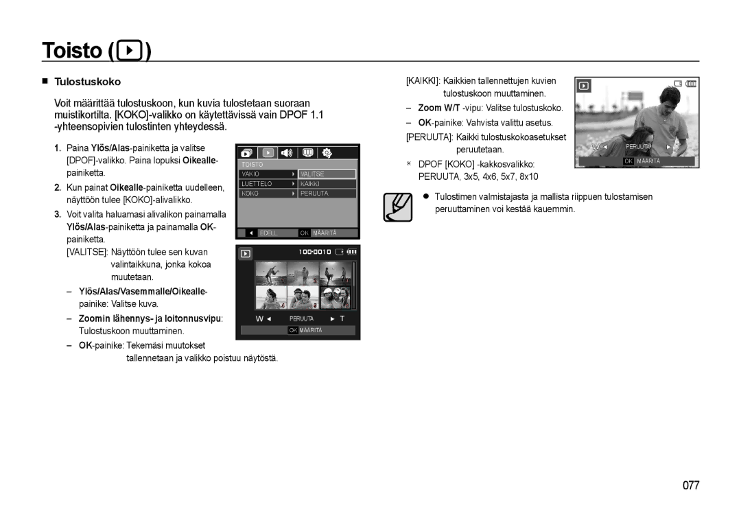 Samsung EC-WB500BBP/E2, EC-WB500BBA/E2, EC-WB500ABP/E2 manual Tulostuskoko, Ylös/Alas/Vasemmalle/Oikealle 