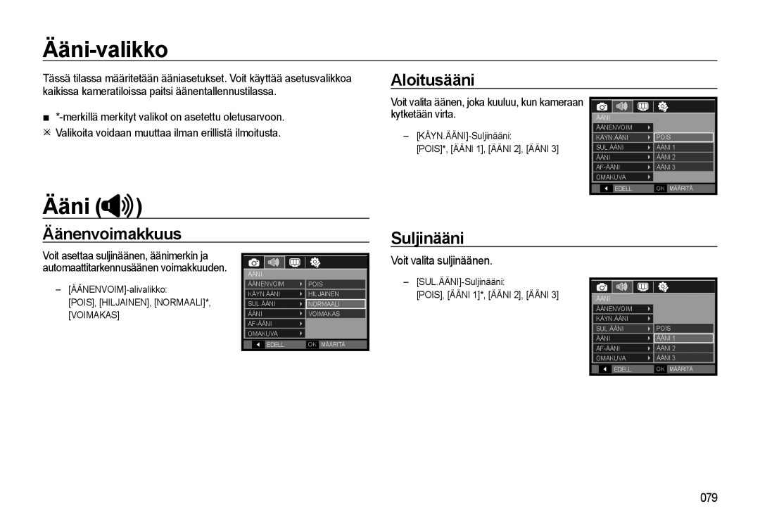 Samsung EC-WB500ABP/E2 manual Ääni-valikko, Aloitusääni, Äänenvoimakkuus Suljinääni, POIS, HILJAINEN, NORMAALI*, Voimakas 