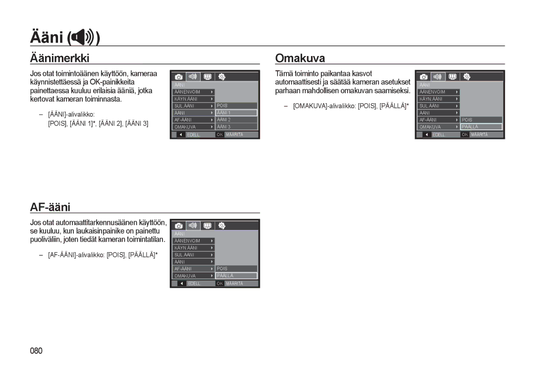 Samsung EC-WB500BBP/E2, EC-WB500BBA/E2, EC-WB500ABP/E2 manual Äänimerkki Omakuva, AF-ääni, ÄÄNI-alivalikko 