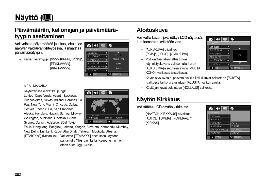 Samsung EC-WB500ABP/E2, EC-WB500BBP/E2 manual Näytön Kirkkaus, Voit säätää LCD-näytön kirkkautta, Pp/Kk/Vvvv, Maailmanaika 