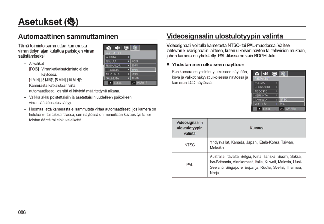 Samsung EC-WB500BBP/E2 Automaattinen sammuttaminen, Videosignaalin ulostulotyypin valinta, Yhdistäminen ulkoiseen näyttöön 