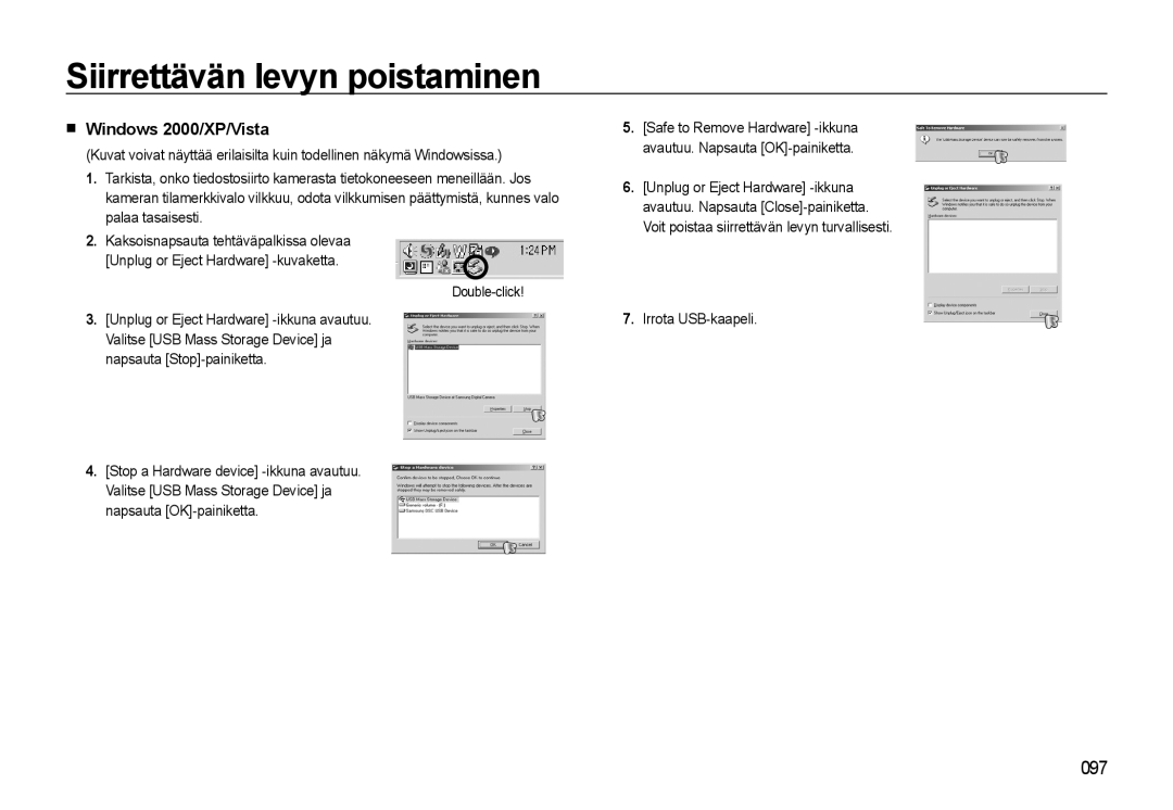 Samsung EC-WB500ABP/E2, EC-WB500BBP/E2 manual Siirrettävän levyn poistaminen, Windows 2000/XP/Vista, Irrota USB-kaapeli 