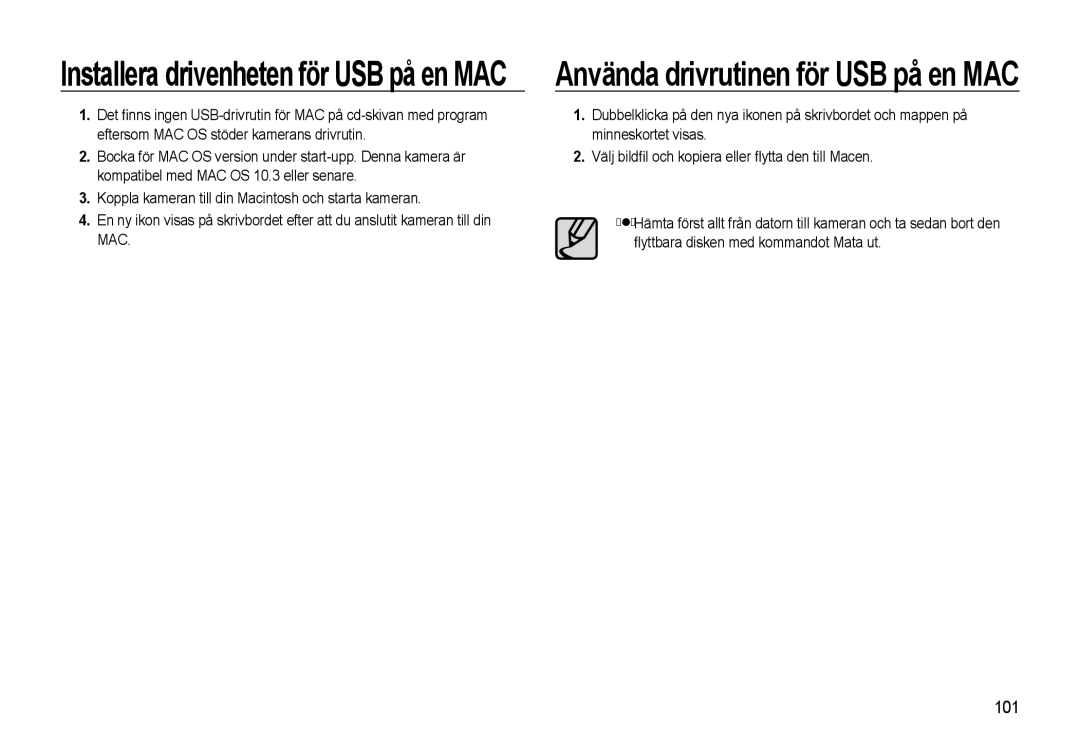 Samsung EC-WB500BBP/E2, EC-WB500BBA/E2, EC-WB500ABP/E2 manual Installera drivenheten för USB på en MAC, 101 