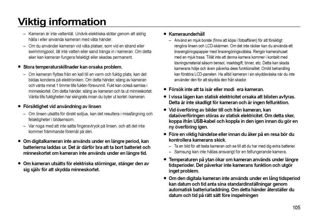 Samsung EC-WB500BBA/E2 manual Stora temperaturskillnader kan orsaka problem, Försiktighet vid användning av linsen, 105 