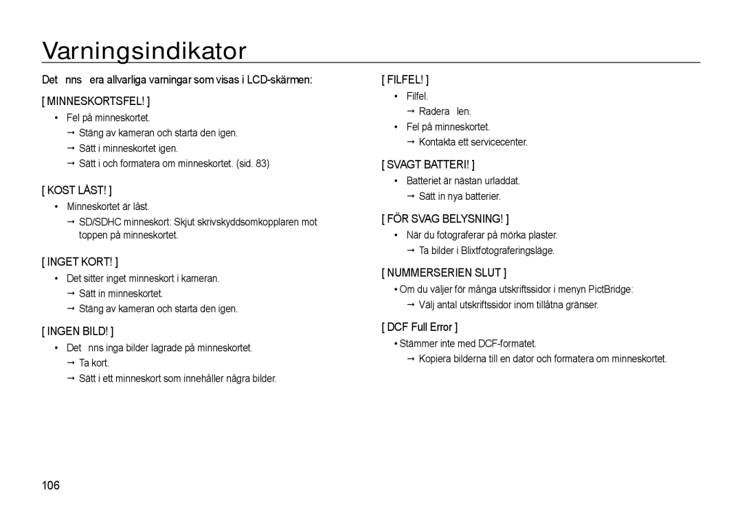 Samsung EC-WB500ABP/E2 Varningsindikator, Det ﬁnns ﬂera allvarliga varningar som visas i LCD-skärmen, DCF Full Error, 106 