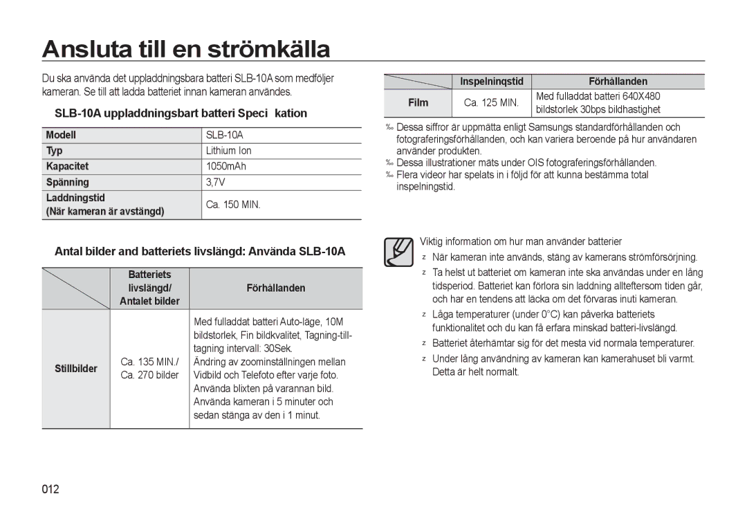 Samsung EC-WB500BBA/E2, EC-WB500BBP/E2 manual Ansluta till en strömkälla, SLB-10A uppladdningsbart batteri Speciﬁkation, 012 