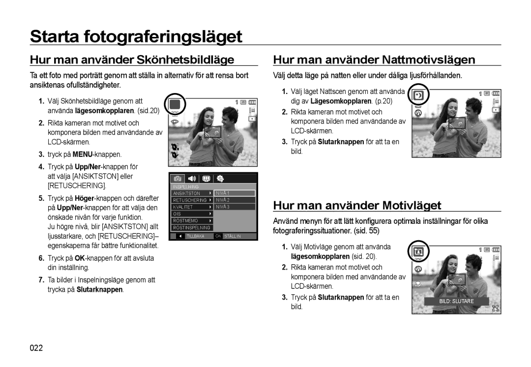 Samsung EC-WB500ABP/E2 Hur man använder Skönhetsbildläge, Hur man använder Nattmotivslägen, Hur man använder Motivläget 