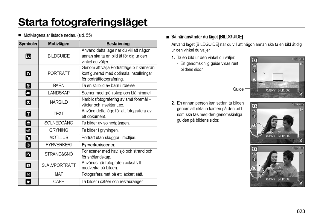 Samsung EC-WB500BBP/E2, EC-WB500BBA/E2 manual Så här använder du läget Bildguide, 023, Symboler Motivlägen Beskrivning 