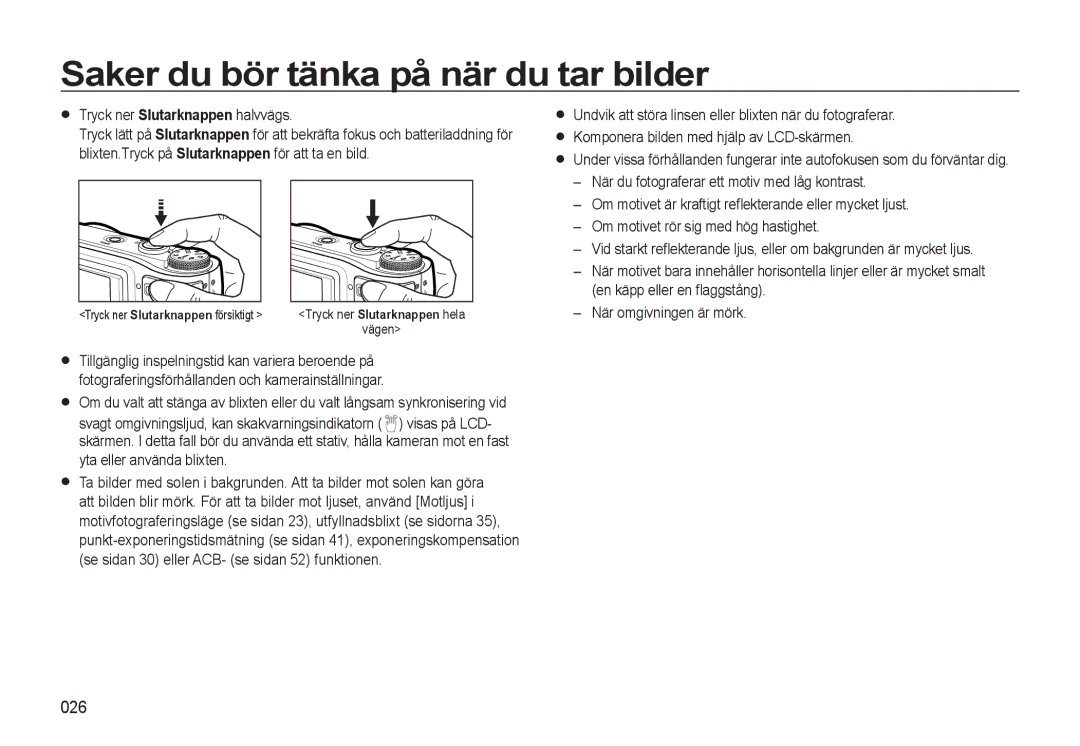 Samsung EC-WB500BBP/E2, EC-WB500BBA/E2 manual Saker du bör tänka på när du tar bilder, 026, Tryck ner Slutarknappen halvvägs 