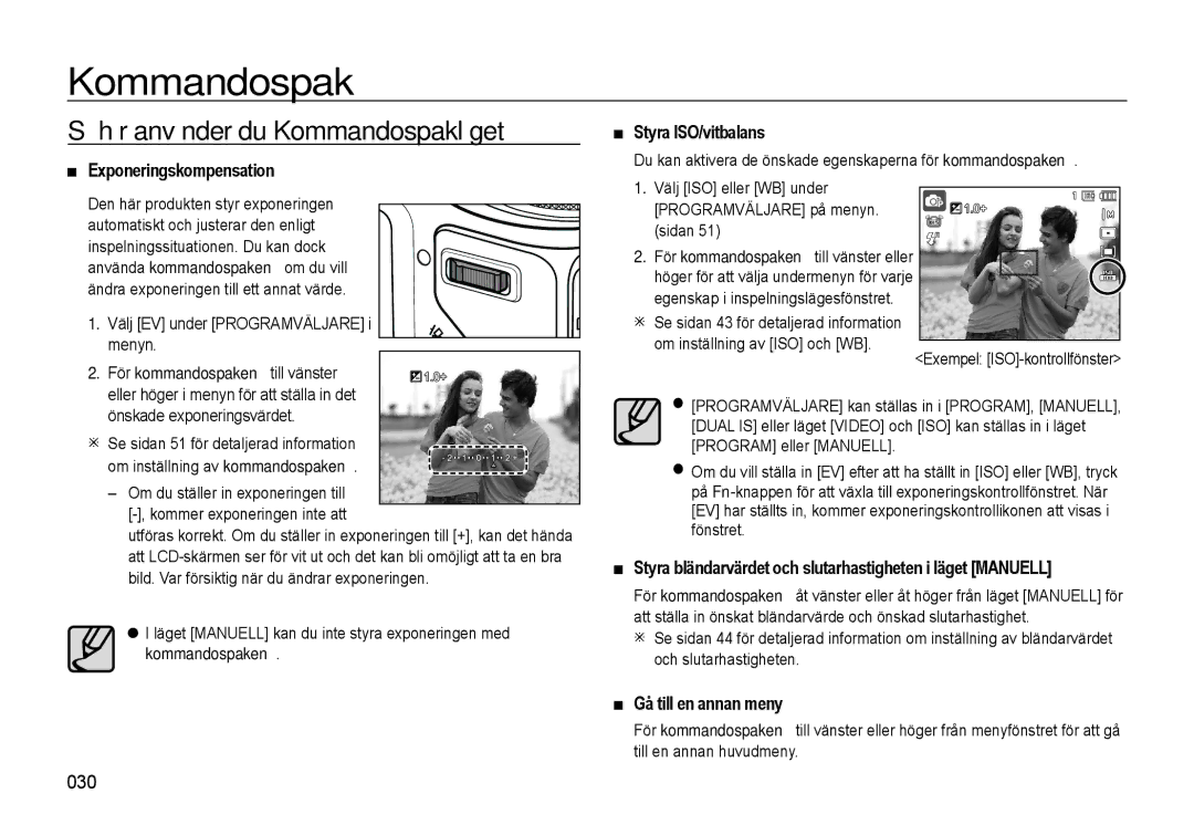 Samsung EC-WB500BBA/E2 manual Så här använder du Kommandospakläget, Exponeringskompensation Styra ISO/vitbalans 